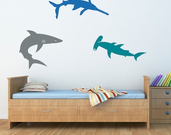 Shark Wall Decal Set: Bull Shark, Hammerhead, Sawshark - Boy Bedroom Decor