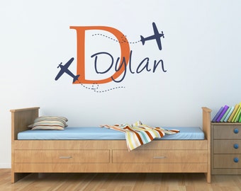 Plane & Boys Name Wall Decal - Airplane Decal with Initial - Personalized Boy Decal - Plane Wall Sticker - Boy Bedroom Decor - Large