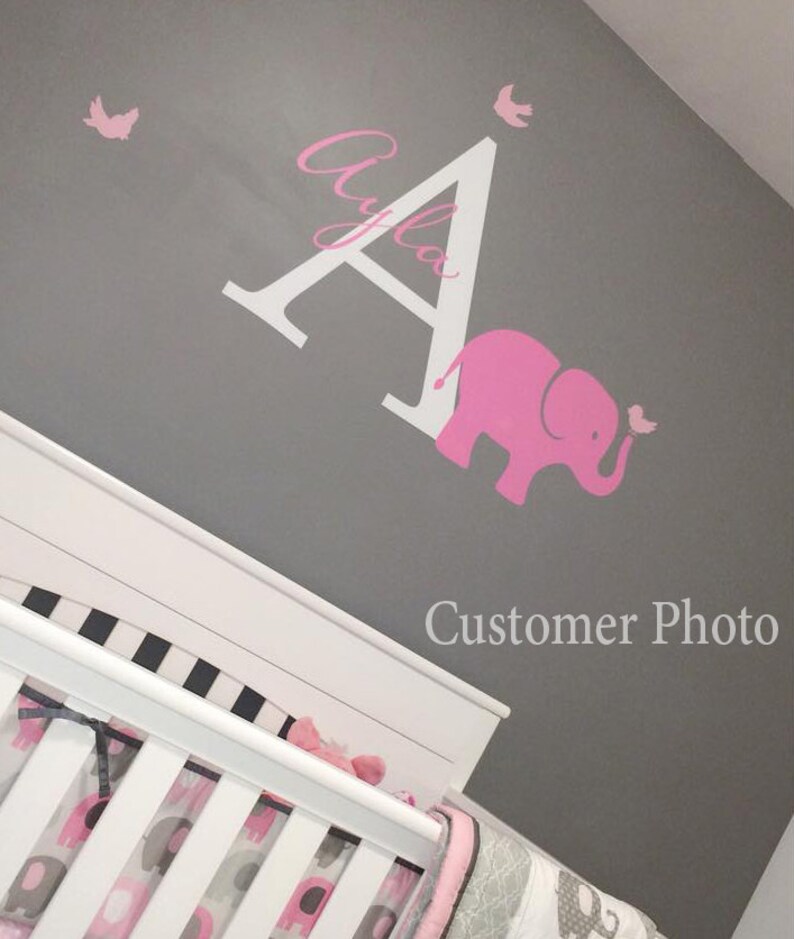 Initial & Name Decal With Elephant and Birds Elephant Wall Etsy