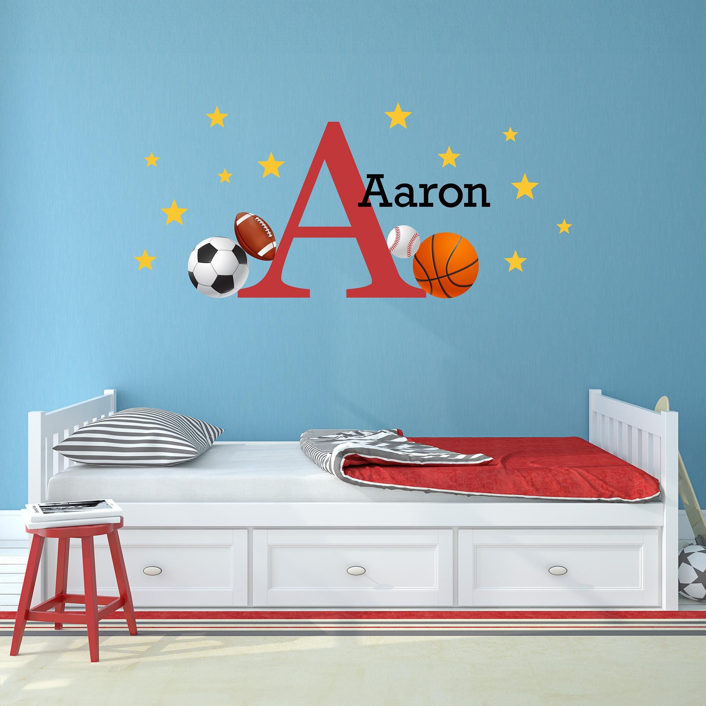 Sports Wall Decal Set with Personalized Name | Boy Bedroom Decor | Football Basketball Soccer Baseball