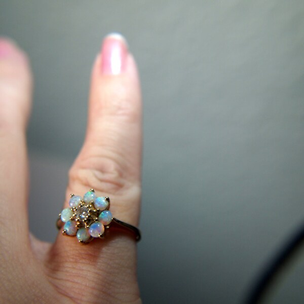 RESERVED: Opal and Diamond Flower Ring - 14k Gold - Vintage