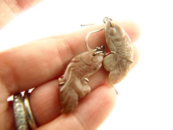 Carved Fish Earrings - Sterling Silver - Vintage