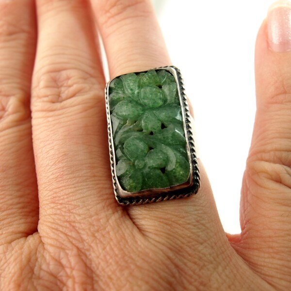 Jade Ring - Carved Floral Design - Sterling Silver - Vintage