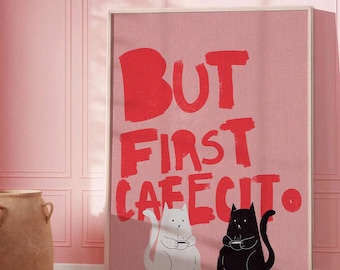 But First Cafecito Cat Print | Latina Kitchen Wall Art | Coffee Lover Digital Download