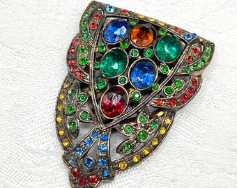 Vintage Art Deco Old Hollywood Era Multi Color Fruit Salad Paste Rhinestone Gold Tone Dress Clip on Pot Metal | Comes w/ Organza Gift Bag