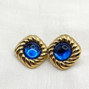 Vintage 80s Clear Royal Blue Cabochon Puffy Gold Tone Diamond-Shaped Stud Statement Earrings | Comes w/ Organza Gift Bag