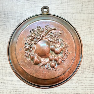 Vintage 6” Copper Plated Decorative Fruit Motif Mold | Cozy Kitchen Wall Decor | Rustic Kitchen Decor w/ Harvest - Has Patina From Age