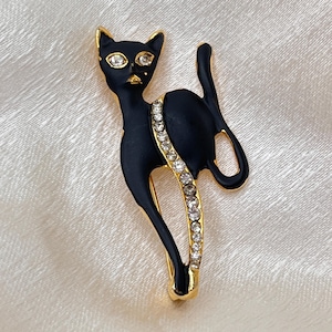 Vintage Clear Rhinestone w/ Black Matte Finish Cat Gold Tone Brooch | Rare Kitschy Kitty Feline Costume Jewelry Pin | Gift for Cat Lovers