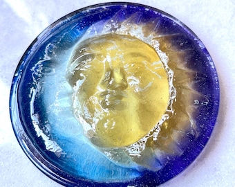Celestial Moon Sun Whimsigoth Solar Lunar Round Art Glass Paperweight - Etched on the Back