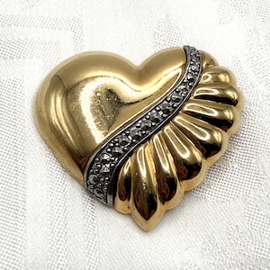 Vintage Faux Marcasite Gold and Silver Tone Puffed Seashell Heart Brooch | Romantic Sweet Gift