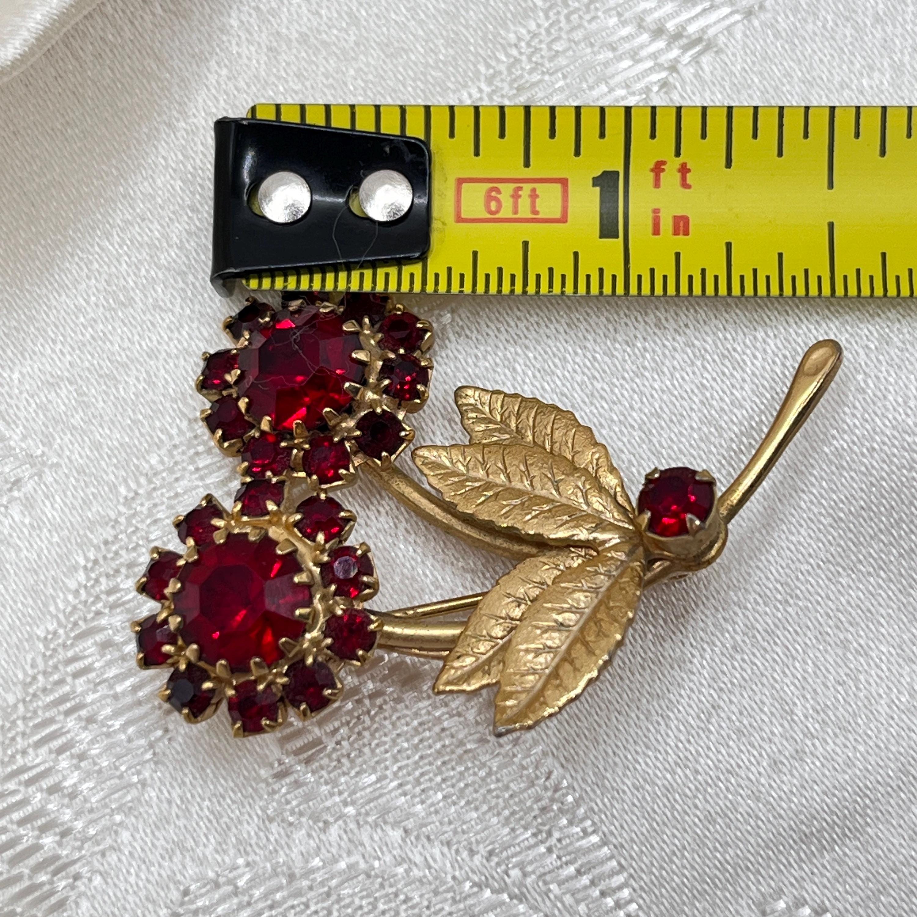 Service Pin Ruby Vintage 1.75” Gold Tone Ruby Red Rhinestone Flower Brooch, Statement ...