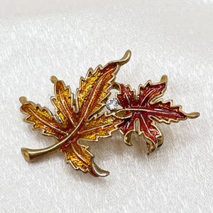 Vintage Gold Tone Orange and Red Enamel Maple Leaf Foliage Brooch with Rhinestone, Gold Tone Fall Autumn Pin - Comes w/ Organza Gift Bag