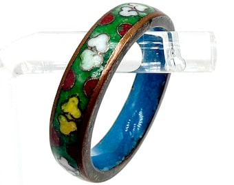 Vintage Brass Enamel Cloisonne Ring Size 8 Blue Interior Enamel w/ Floral Details | Comes w/ Kraft Gift Box