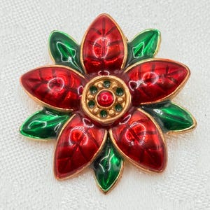 Vintage Beautiful Red and Green Enamel Gold Toned Poinsettia Flower Brooch Pin With Rhinestones - Comes w/ Organza Gift Bag