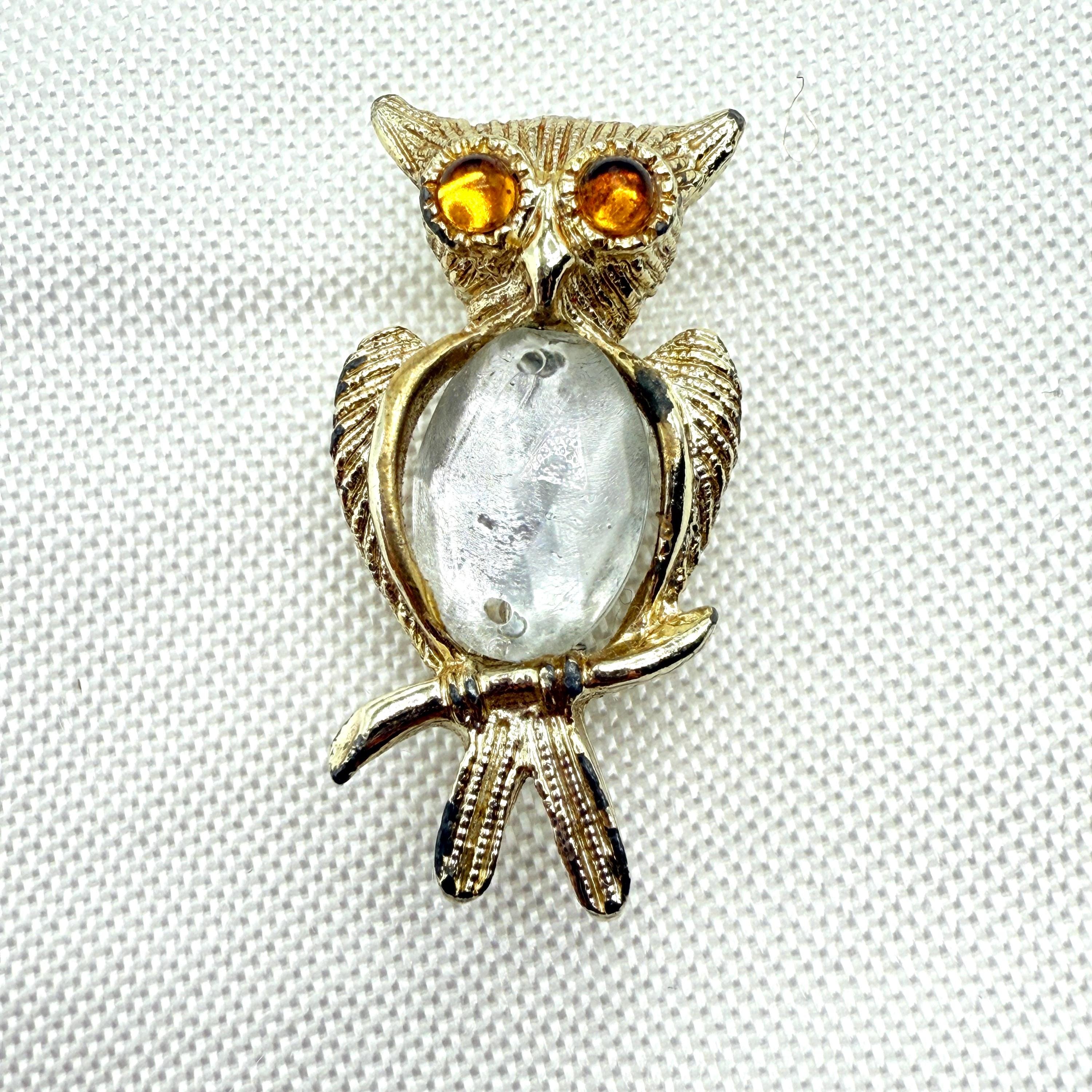 Vintage Gold Tone Owl Brooch w/ Orange Eyes and Clear Belly | Owl Lover Pin | Light Wear | Comes w/ 