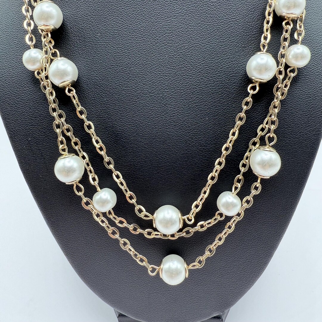 Vintage 16.5-19.5” 80s 1980s Gold Tone Multi Strand Layered Chain Faux ...