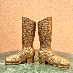Vintage Set of 2 Brass Western Cowboy Boots Bud Vases, Ornate Brass Victorian 4.75” Boot Figurines, Heavy Brass Boot Paperweights