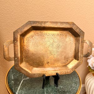 Vintage Ornate Chinese Etched Brass Tray with Dragon and Phoenix, Etched Brass Dragon Platter Light Patina, Decorative Asian Octagonal Tray