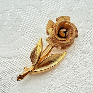 Vintage Made in Austria Small Brushed Gold Tone Rose Floral Flower Spray Stem Costume Jewelry Pin Brooch | Comes w/ Organza Gift Bag