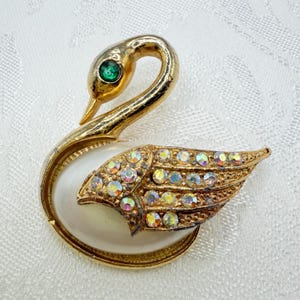 Vintage Gold Tone Faux Pearl Jelly Belly Swan Bird Brooch Pin w/ AB Rhinestones and Green Eye - Comes w/ Organza Gift Bag