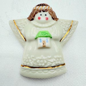 Vintage 90s Kitschy Folksy Porcelain Brunette Angel Holding Home Brooch | Holiday Christmas Faith Accessory Pin Gift