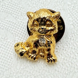 Vintage CAMCO Cat Pin Clear Stone Gold Tone Lapel Enamel Collectible Brooch, Gift for Cat Lovers - Comes w/ Organza Gift Bag