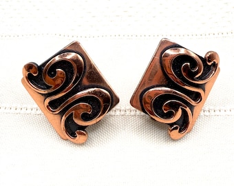 Vintage Retro Mid Century Copper Scroll Rectangle Modernist Clip-On Earrings | Comes w/ Organza Gift Bag