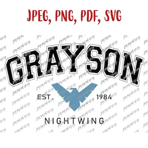 Puede incluir: Un diseño gráfico en blanco y negro con el texto "GRAYSON" en una fuente grande y en negrita. El texto está arqueado y tiene un estilo vintage. Debajo del texto hay un logotipo de pájaro azul con el texto "EST. 1984" y "NIGHTWING" debajo.