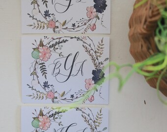 Custom Note Cards - Blank Cards - Monogram - floral wreath