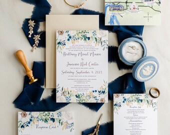 CUSTOM Navy Blue and White floral wedding stationery - Wedding Invitations