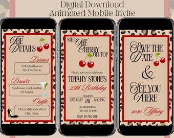 Cherry on Top Cheetah Invite, Leopard Glam Birthday, Leopard invite, Digital Animated invite, Cherry Cheetah invitation, Cherries Theme