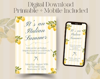 Summer Party Invitation, Italian Summer Theme, Lemon Amalfi Coast Invite, Printable Dinner Party Template, Instant Download Canva Template