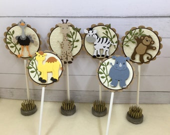 Safari Neutral Nursery Wild Animal Monkey Ostrich Camel Rhino Zebra Giraffe Cupcake Toppers