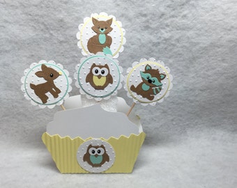 Neutral Baby Owl Deer Fawn Fox Raccoon Cupcake Toppers