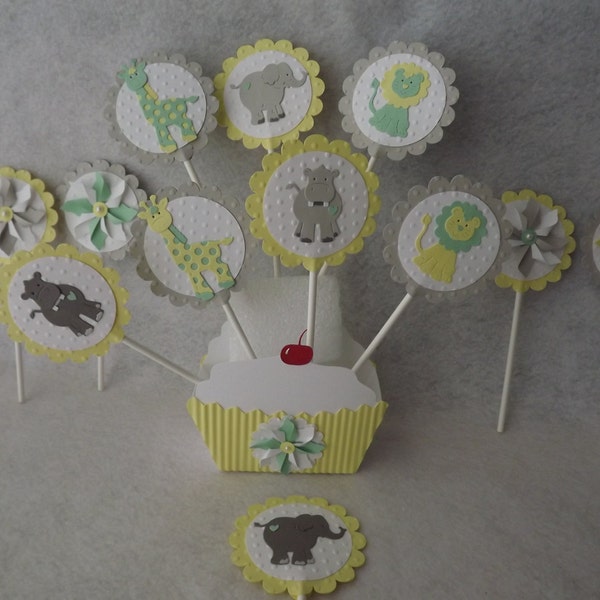 Neutral Baby Yellow Green Gray Elephant Lion Giraffe Hippo Pinwheel Cupcake Toppers