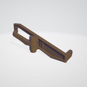 May include: A brown plastic hinge with a metal pin. The hinge is designed to connect two pieces of material together.