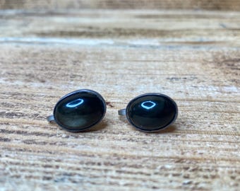 Vintage Sterling Silver Black Faux Onyx Oval Clip On Earrings (screwback) - vintage earrings - vintage clip ons - 60s earrings - vtg black