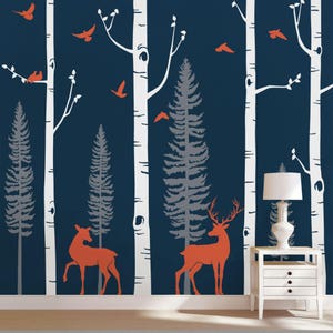 Forest Birch Tree Wall Decal with Deer, Baby Nursery Wall Stickers, Nursery Wall Decals, Stickers W1121