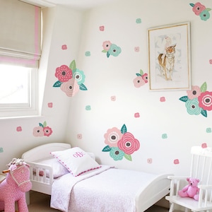 Kids Flower Wall Sticker, Spring Pink and Mint Blooms Wall Stickers - Peel and Stick Wall Stickers Kids Room Decor