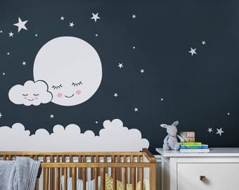 Moon, Clouds, and Stars Wall Decal - Vinyl Wall Sticker, Nursery Decor, Kids Decals