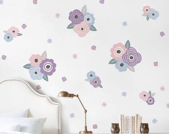 Kids Flower Wall Sticker, Pastel Blue and Lilac Blooms Wall Stickers - Peel and Stick Wall Stickers Kids Room Decor