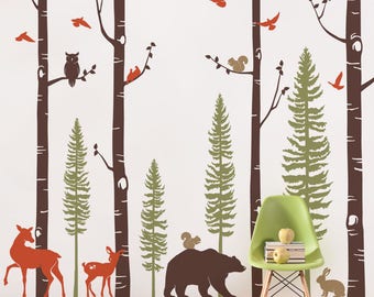 Forest Birch Tree Wall Decal with Animals, Baby Nursery Wall Stickers, Forest Pine Tree and Birch Trees Wall Decal, Deer and Bear Decals