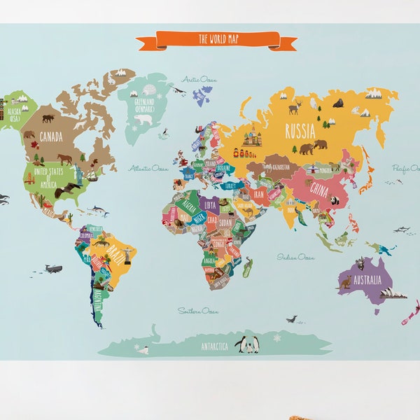 Weltkarte Aufkleber, Länder der Weltkarte, Kinder Land Weltkarte Poster, Peel and Stick Poster Aufkleber, Weltkarte W1126