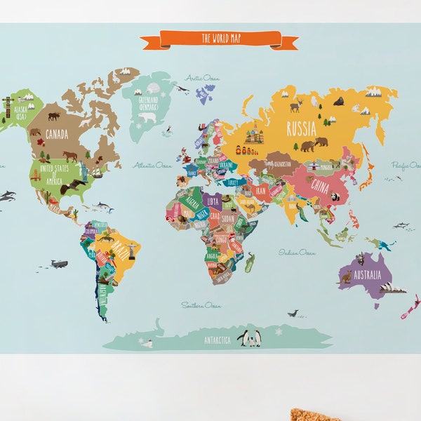 Wereldkaart Sticker, Landen van de Wereldkaart, Kids Country World Map Poster, Peel and Stick Poster Sticker, Wereldkaart W1126