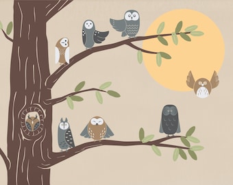 Bosuilen muurstickers boom: natuur kinderkamerdecoratie