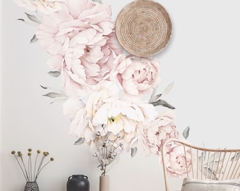 Watercolor Peony Flowers Wall Sticker: Grey & Pink, Peel and Stick