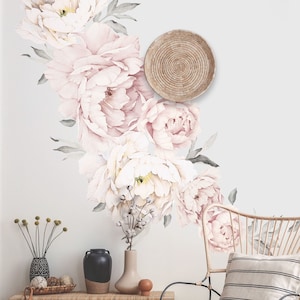 Pfingstrose Blumen Wandaufkleber, grau gewaschene rosa Aquarell Pfingstrose Wandaufkleber - Schälen und Aufkleben entfernbare Aufkleber