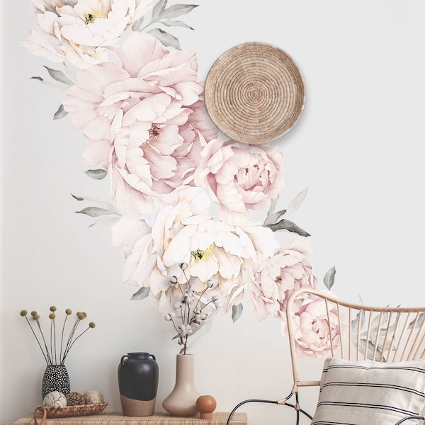 Peony Flowers Wall Sticker, Grey Washed Pink Watercolor Peony Wall Stickers - Peel and Stick Removable Stickers