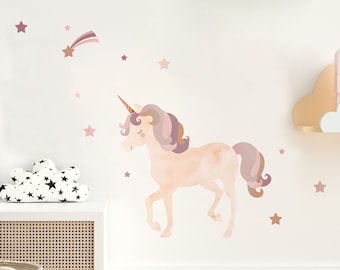 Muursticker aquarel fonkelende eenhoorn met sterren, roségoud - Peel and Stick