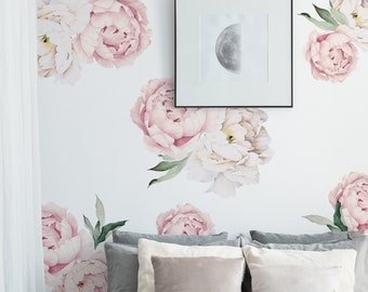 Vintage muursticker roze pioenroos: verwijderbare grote set